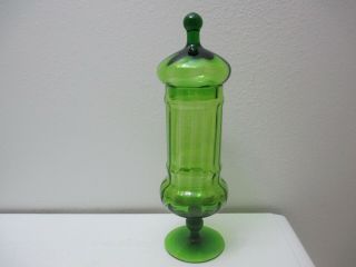 Vintage Empoli Italian Glass Apothecary Jar W Lid Green Optic Ribbed 13 3/4 " T
