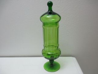 Vintage Empoli Italian Glass Apothecary Jar w Lid Green Optic Ribbed 13 3/4 