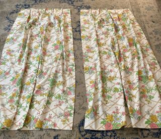 Vintage 4 1970s Pinch Pleat Curtains Draperies Perma Press Yellow Flowers Minty 2