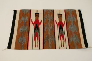 O - Vintage Navajo Rug Weaving 2 Yei Figures Cornstalk Red Brown Green