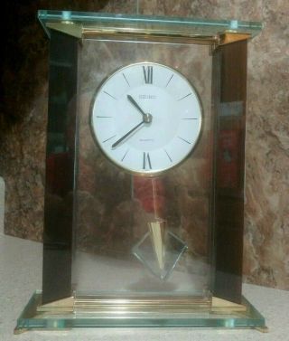 Vintage Seiko Qpw144b Quartz Glass Wood Table Top/mantle Pendulum Clock