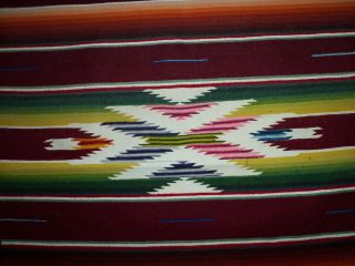 Vintage 1940 ' s Mexican Handwoven Wool Saltillo Textile Serape Runner 66” X 19 