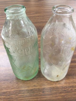 2 Vintage Dr.  Pepper Bottles 6 Oz Stubby Grenade Diamond Soda Pop Clear & Green