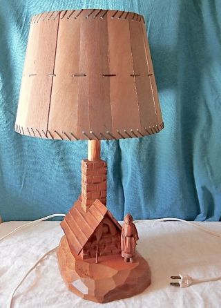 Vintage Wood Carved Folk Art Lamp & Shade Paul E Caron St - Jean - Port - Joli Quebec