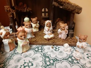 Vintage Teddy Bear Nativity Set Homco / Home Interiors 11 Piece & Manger