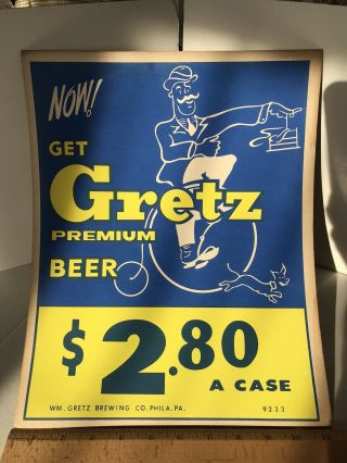 Vintage Gretz Beer Poster (cardboard) Advertising Sign 11 " X 14 ",  Phila.  Pa.