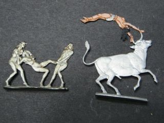 German Tin Flat Zinnfiguren Figures - " Bull Jumper From Crete & Female Wrestler "