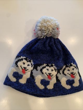 Vtg Ll Bean Wool Blend Knit Intarsia Husky Hat Winter Beanie Pom Dogs Usa Blue