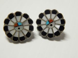 Vintage Zuni Pueblo Indian Sterling Silver Kachina Face Earrings - Stone Inlay