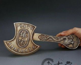 Decorated Old Handwork Miao Silver Carved Dragon Exorcism Axe Statue