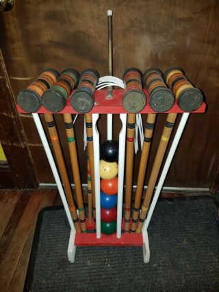 Vintage 6 - Player Croquet Set Wheeled Wooden Cart Complete W Stakes Balls Wickets