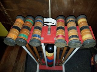 Vintage 6 - Player Croquet Set Wheeled Wooden Cart Complete w Stakes Balls Wickets 2