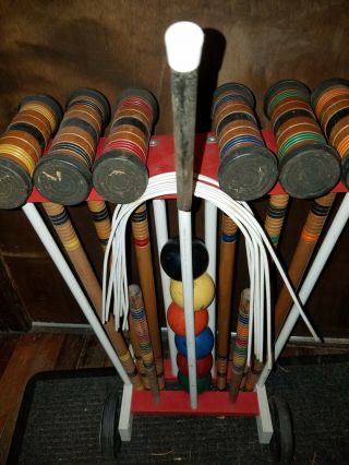 Vintage 6 - Player Croquet Set Wheeled Wooden Cart Complete w Stakes Balls Wickets 3