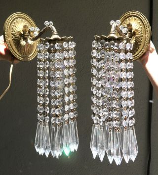Vintage Sconces Brass Fountain Waterfall Lamp Crystal Glass Pair French Beaded
