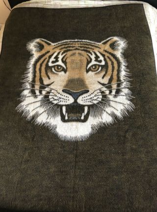 Vintage Biederlack Tiger Head Blanket Brown Ivory Reversible 57 " X 75 " Usa Made