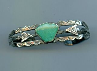 Vintage Navajo Fred Harvey Era Green Turquoise Arrow Cuff Bracelet,  Sterling