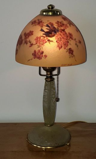Handel Reverse Painted Boudoir Accent Lamp with Birds and Glass Base 2