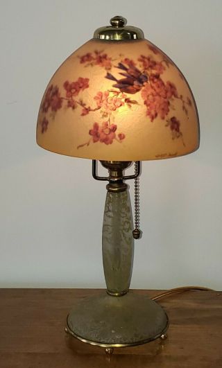 Handel Reverse Painted Boudoir Accent Lamp with Birds and Glass Base 3