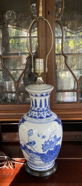 31 " Chinese Blue & White Lotus Flower Porcelain Vase Table Lamp - Asian Oriental