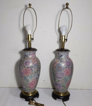 Vintage Pair Frederick Cooper Asian Floral Painted Porcelain Vase Table Lamps