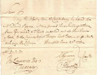 1776,  Oliver Ellsworth,  Signed Pay Order,  Supply Lead And Flints,  Canterbury,  Ct