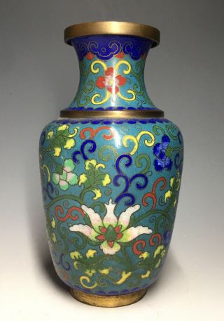 20th C.  Chinese Cloisonne Vase Blue Ground Enamel W/ Floral Decoration Vintage