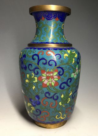 20th C.  Chinese Cloisonne Vase Blue Ground Enamel w/ Floral Decoration Vintage 2