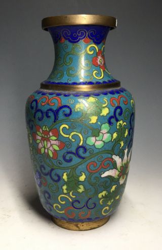 20th C.  Chinese Cloisonne Vase Blue Ground Enamel w/ Floral Decoration Vintage 3