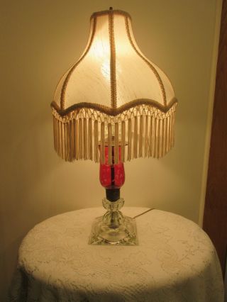 Vintage Cranberry Etched Glass And Brass Lamp 1950 