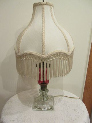Vintage Cranberry Etched Glass and Brass Lamp 1950 ' s Lamp Silk Shade With Fringe 2