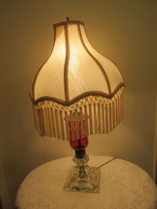 Vintage Cranberry Etched Glass and Brass Lamp 1950 ' s Lamp Silk Shade With Fringe 3