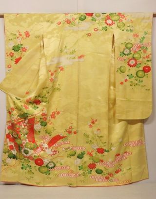 1009h05z980 Vintage Japanese Kimono Silk Furisode Light Yellow Kicho