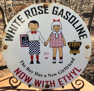 Vintage 1929 White Rose Gasoline Porcelain Enamel Pump Station Sign With Ethyl
