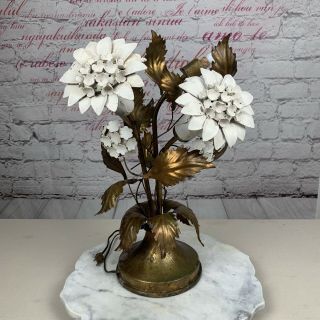 Vintage 3 Light Italian Hollywood Regency Gold Gilt Floral Tole Metal Table Lamp