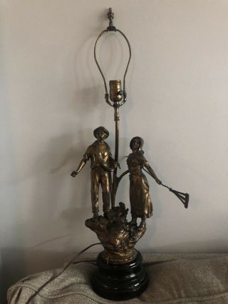 Vintage Cast Bronze Pastoral Man Woman Figure Lamp - Wood Base Made In Germany