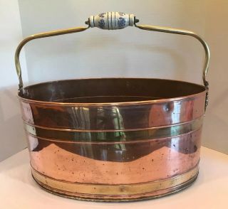 Vintage Copper Brass Planter Bucket With Porcelain Delft Handle Lion Heads