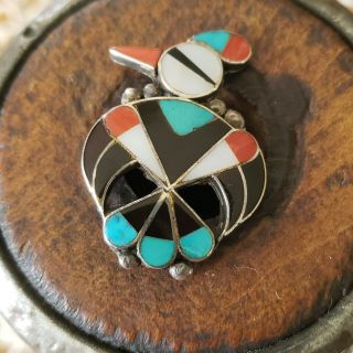 Vintage Zuni Sterling Silver Inlay Thunderbird Turquoise Mop Coral Brooch Pin