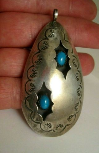 Large Vintage Navajo Val Tsosie? Signed Sterling Silver Turquoise Pendant 2 - 5/8 "