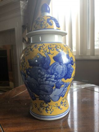 Vintage Asian Blue & Yellow 13”porcelain Ginger Jar Vase W Lid