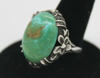 Vtg Old Pawn Sterling Turquoise Ring Signed Har Navajo Size 9 Flowers