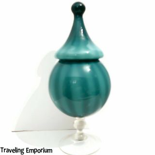 Vintage Mid Century Large Compote Empoli Candy Dish Blue Green Circus Top Great