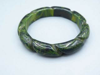 Vintage Marbled Green And Yellow Carved Bakelite Bangle With Angled Lines