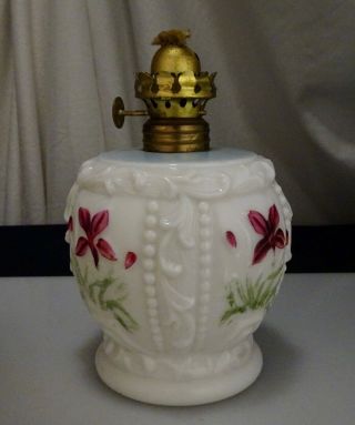Antique Cosmos Flower Miniature Milk Glass Oil Lamp - 57285
