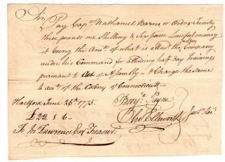 1775,  Oliver Ellsworth,  Signed Pay Order,  Siege Of Boston,  Waterbury,  Ct.  Troops