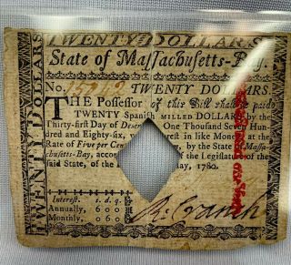 March 1780 Colonial Currency $20 State Of Massachusetts Bay,  Diamo Hole Cancel