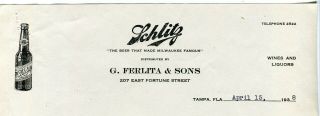 1938 Schlitz Beer Letter Head Brewing Milwaukee Wi Tampa Florida Fl Distributor