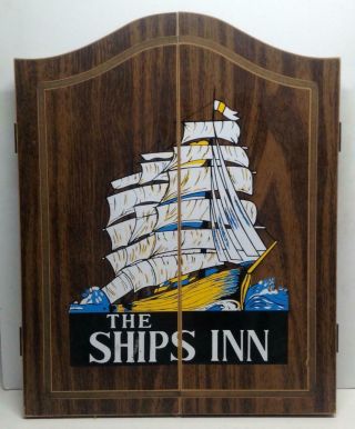 Vintage The Ships Inn Dart Board Cabinet Double - Sided Board
