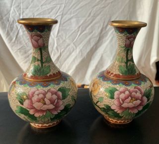 Matching 2 Vintage Chinese Cloisonne Enamel Flowers Butterfly Vases 6”t