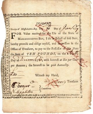 1777,  Massachusetts Bay Treasury 6 Loan Certificate,  Several Signatures,