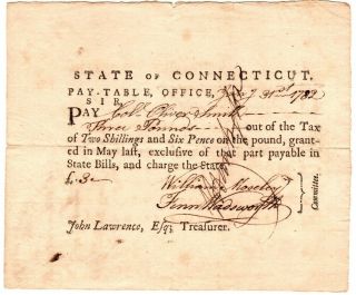 1782,  Colonel Oliver Smith,  General Jedediah Huntington,  Signed Pay Order